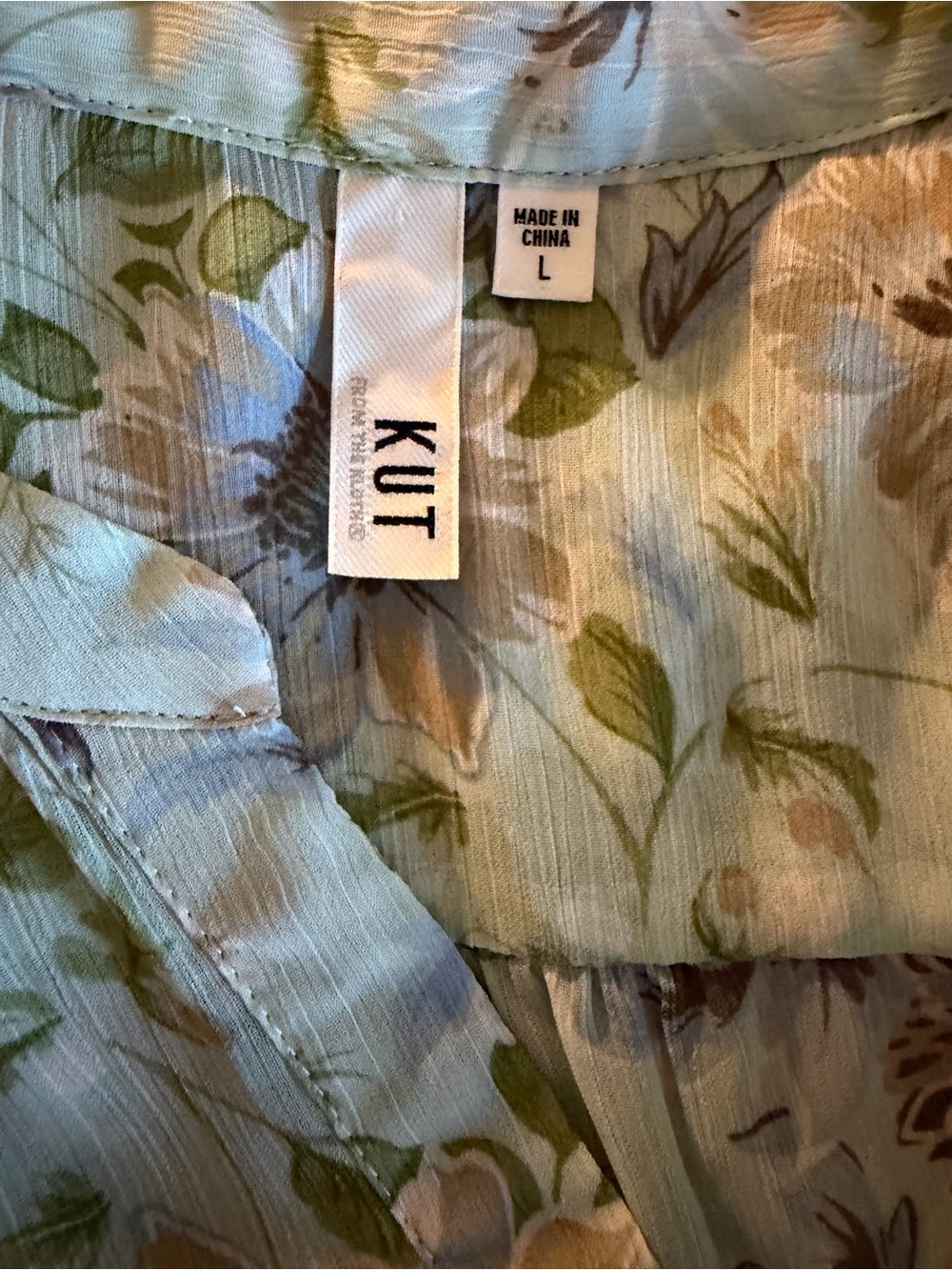 KUT From The Kloth Floral Chiffon Blouse Sheer Mint Blue Size L - Picture 7 of 10